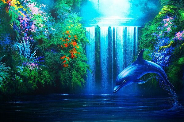 Drawing a dolphin jumps out of the water at a beautiful waterfall