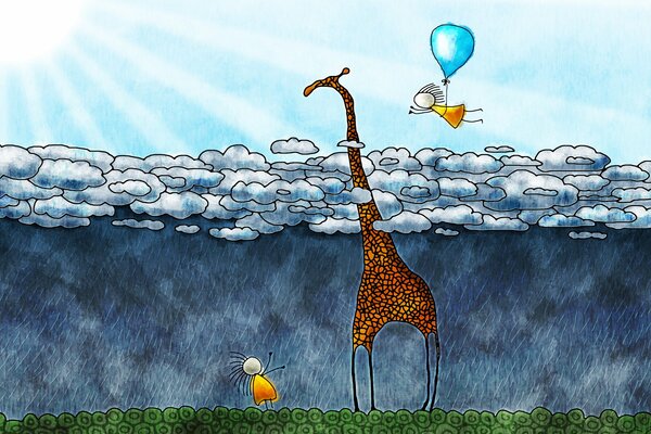 Drawing of a giraffe in the clouds with children