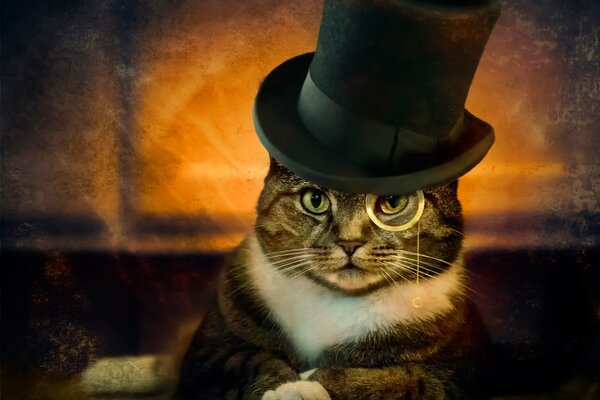 A cat in a top hat with a monocle and a smart look