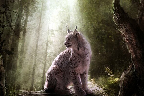 Lynx in the forest in the reflection of the sun through the crowns of trees