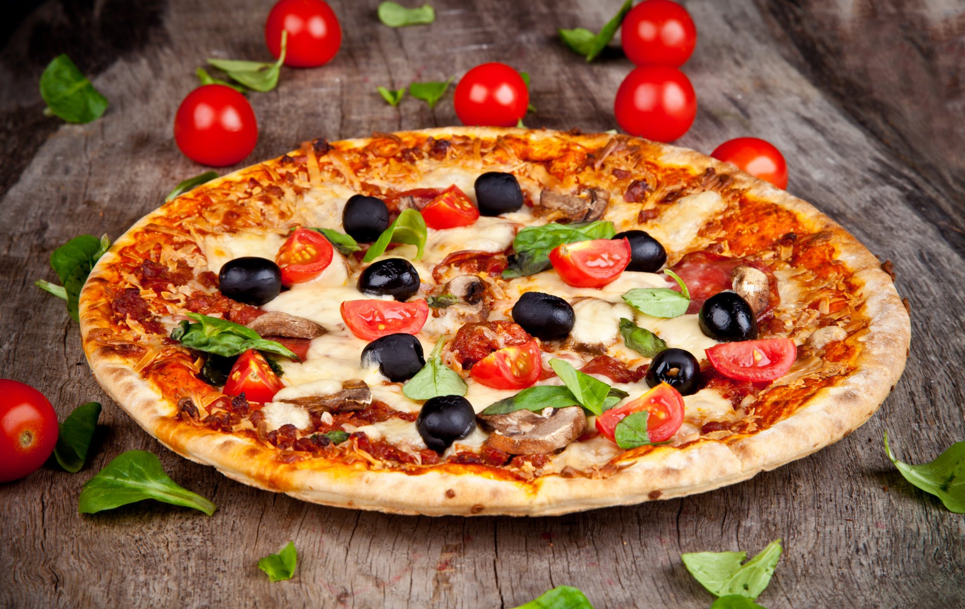 pizza tomatoes olives mushrooms cheese dish leaves food