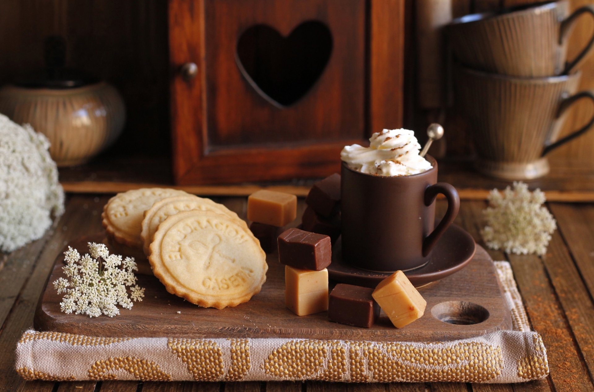 coffee cream cup saucer board candy cookies sweet