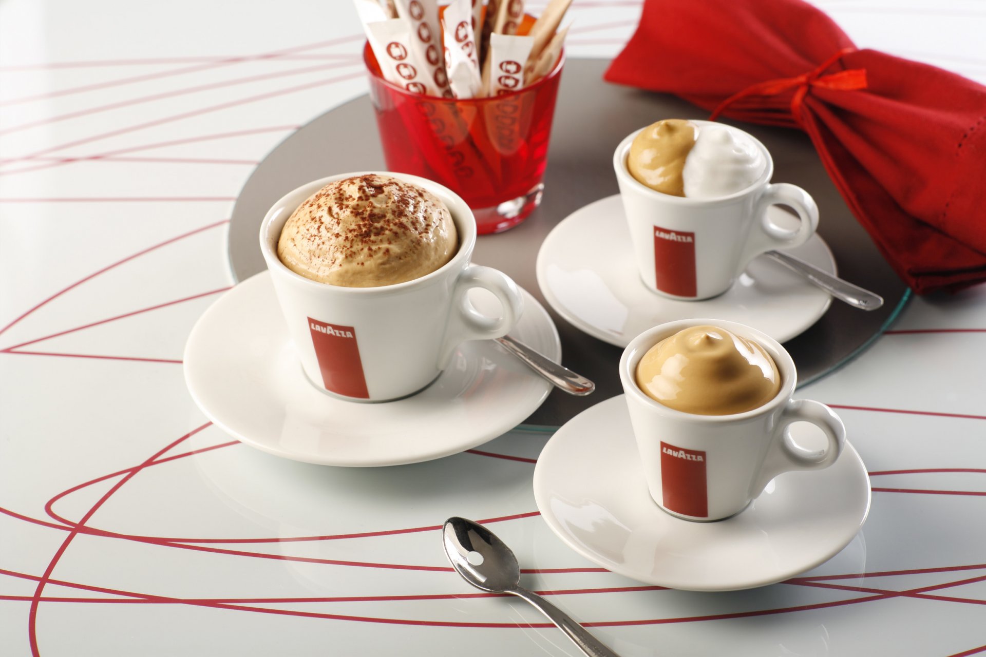 coffee foam sugar cups saucers spoon napkin drink