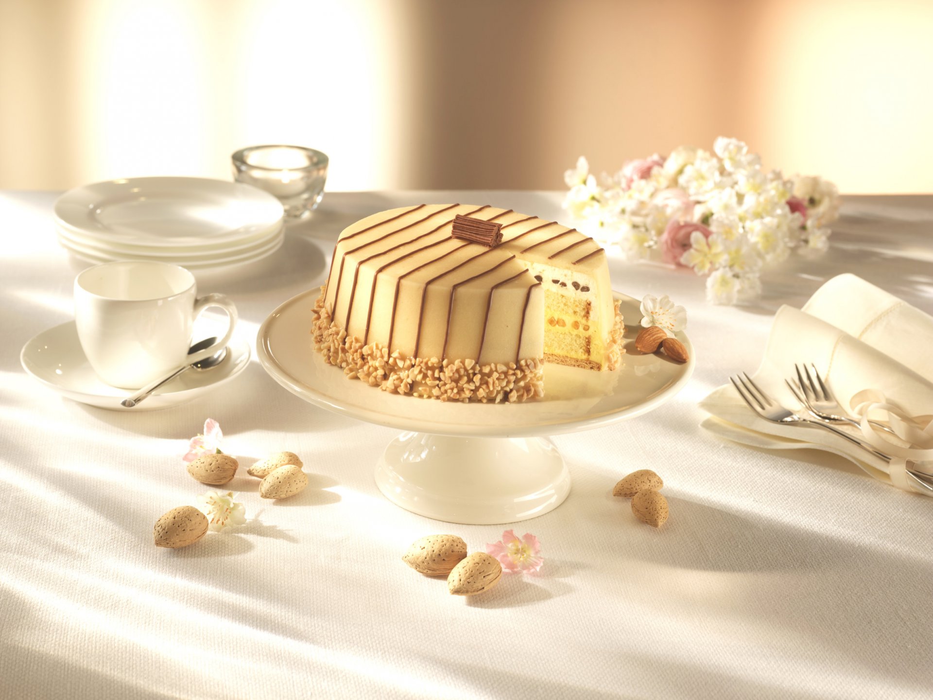 cake marzipan almonds. chocolate cream dessert sweet baking food serving flower table