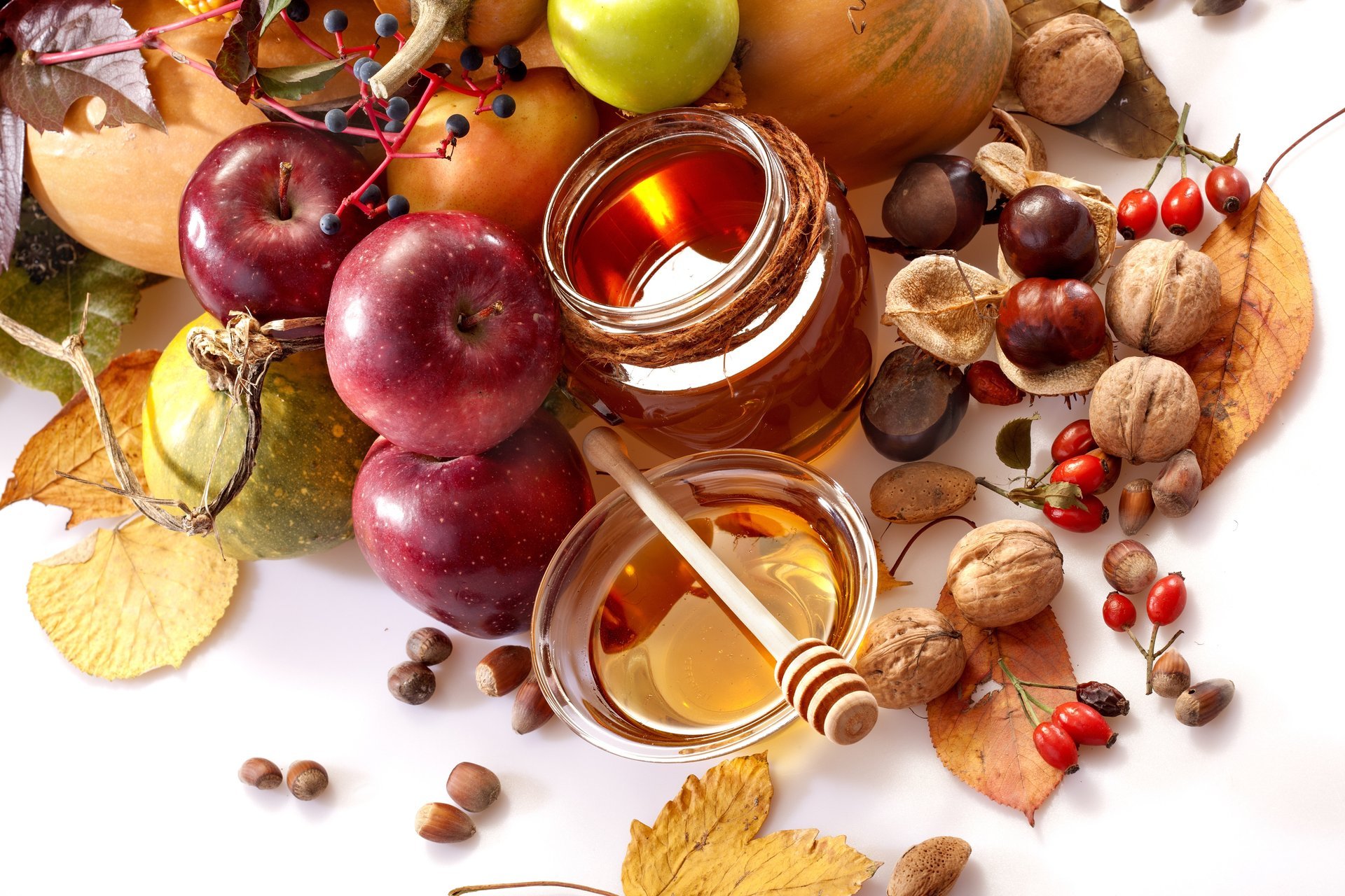 honig glas schalen löffel blätter äpfel birnen obst gemüse nüsse kastanien hagebutten lebensmittel herbst