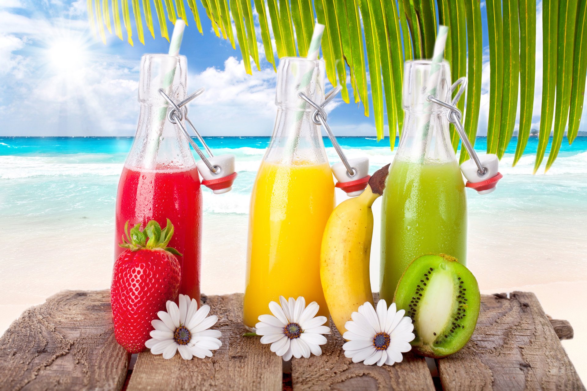 fruits cocktails banana kiwi strawberry sea beach sky clouds sun drink