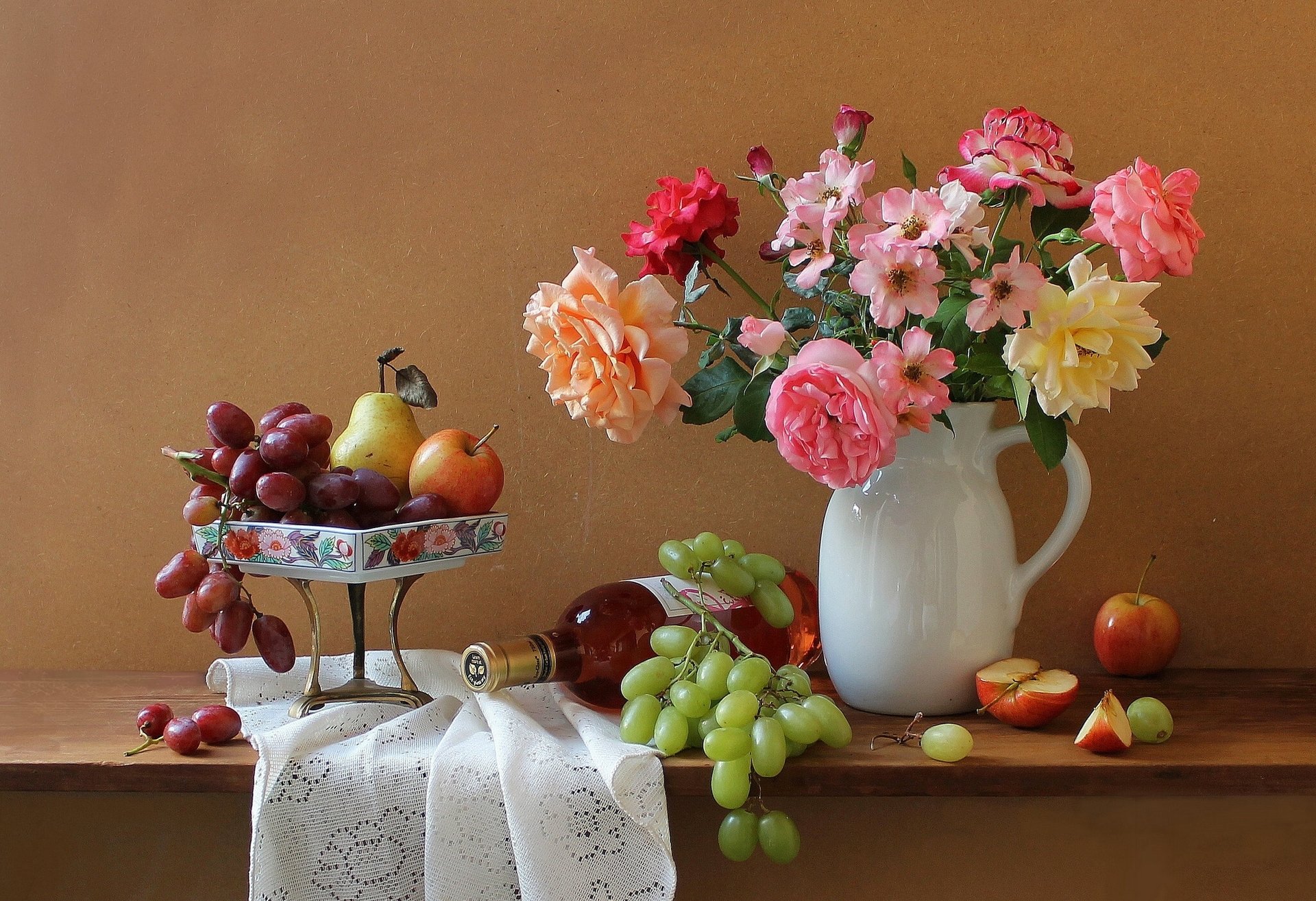 apples grapes wine a bottle flower roses bouquet pitcher still life