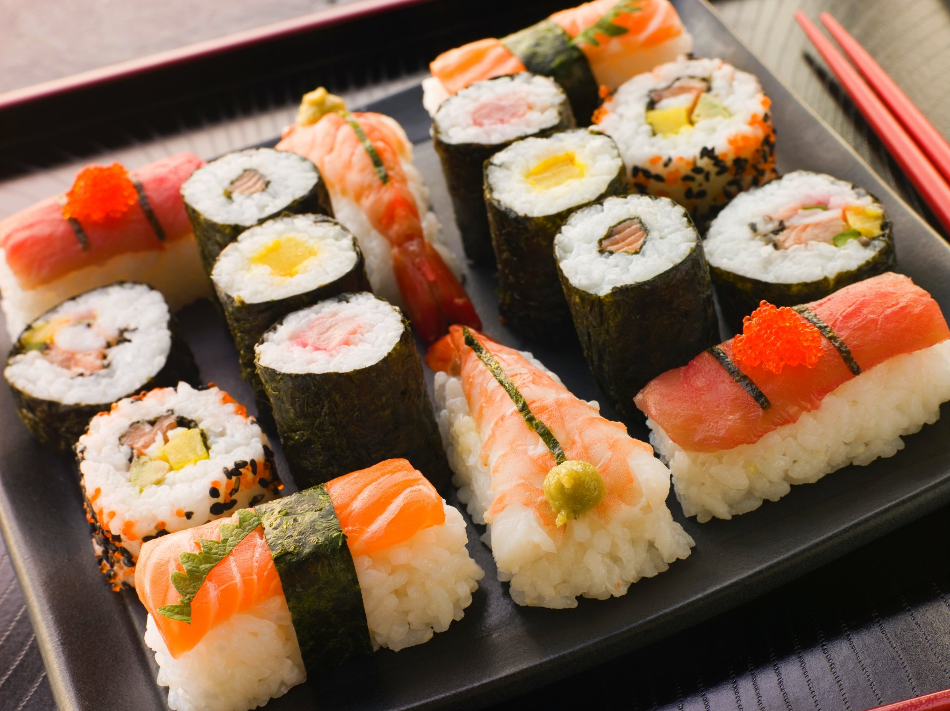 ushi japan japan food land rolls japanese food seafood red caviar red fish salmon shrimp figure slices seaweed cutting serving stick