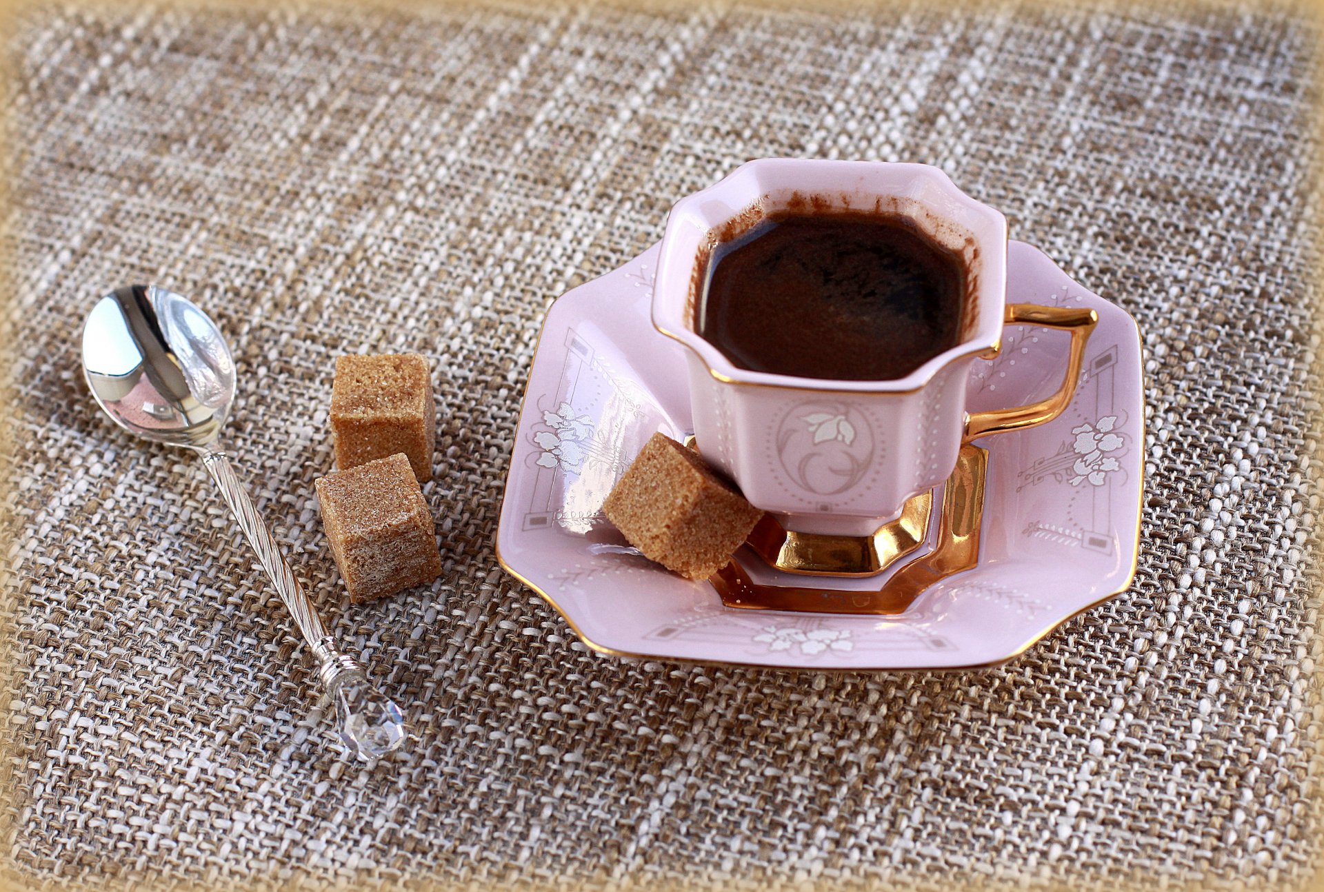 coffee sugar spoon cup pink porcelain still life morning