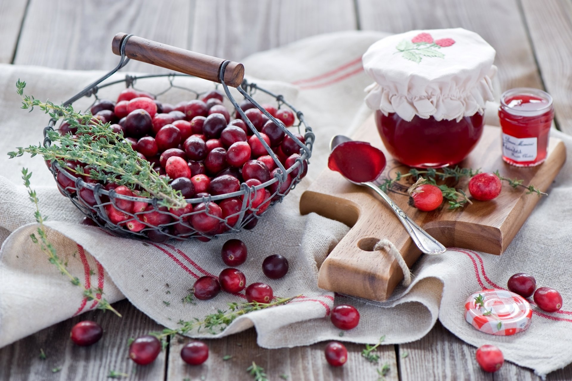 cranberries berries red jams jam jars spoon dog rose basket board still life anna verdina