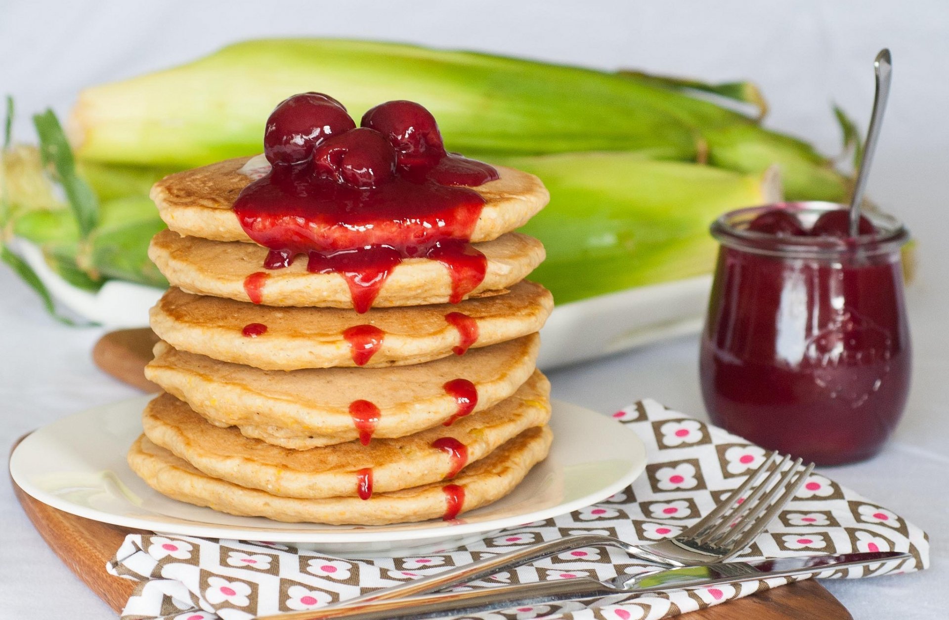 food pancakes fritters cherry jam berry cherry fork background wallpaper widescreen fullscreen widescreen widescreen