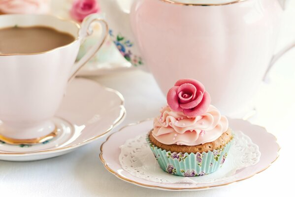 Rose of cream. cake. cupcake with pink cream