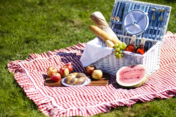 Picknick-Essen auf der Tagesdecke im Korb