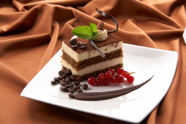 Pastel de chocolate en un plato de grosella roja