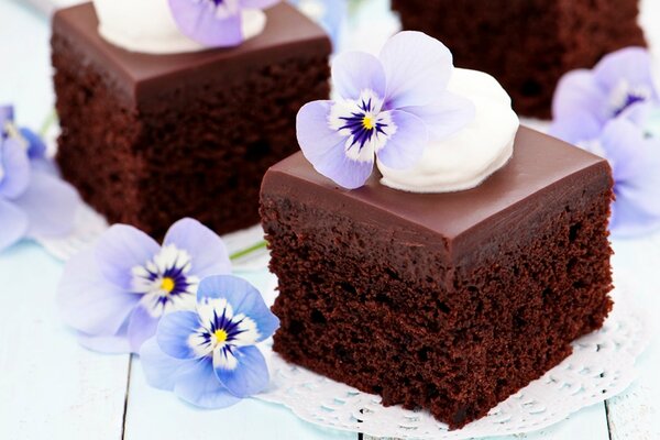 Chocolate cake decorated with a purple flower