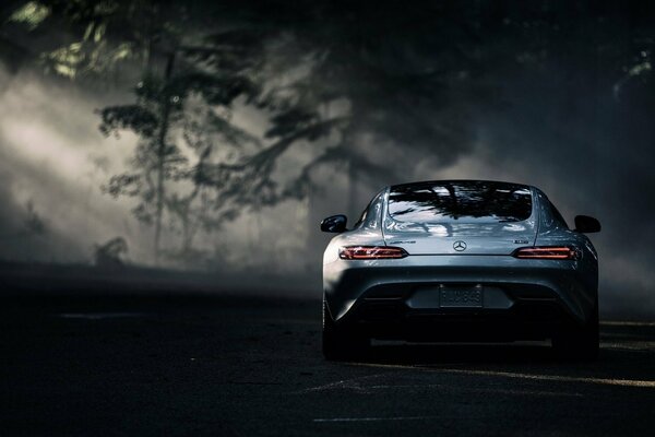 Car at night in the forest with fog