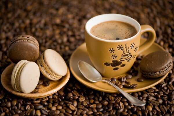 Macaroon cookies with a cup of coffee