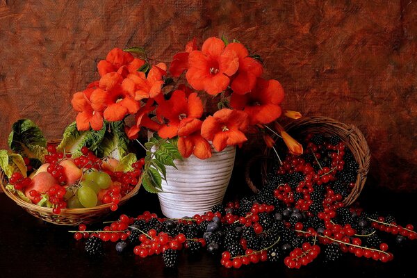 Nature morte vase avec des fleurs et des fruits