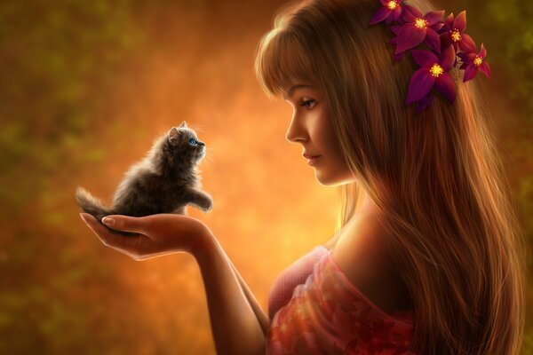 Un petit ami. Fille et chaton