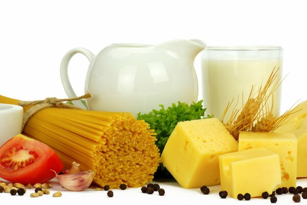 Food products with a kettle and a glass of milk