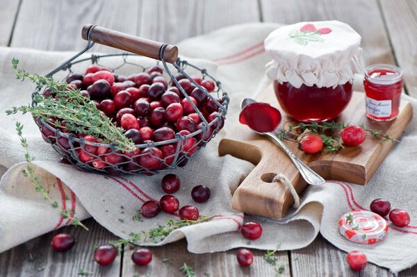 Rosehip jam on a wooden stand