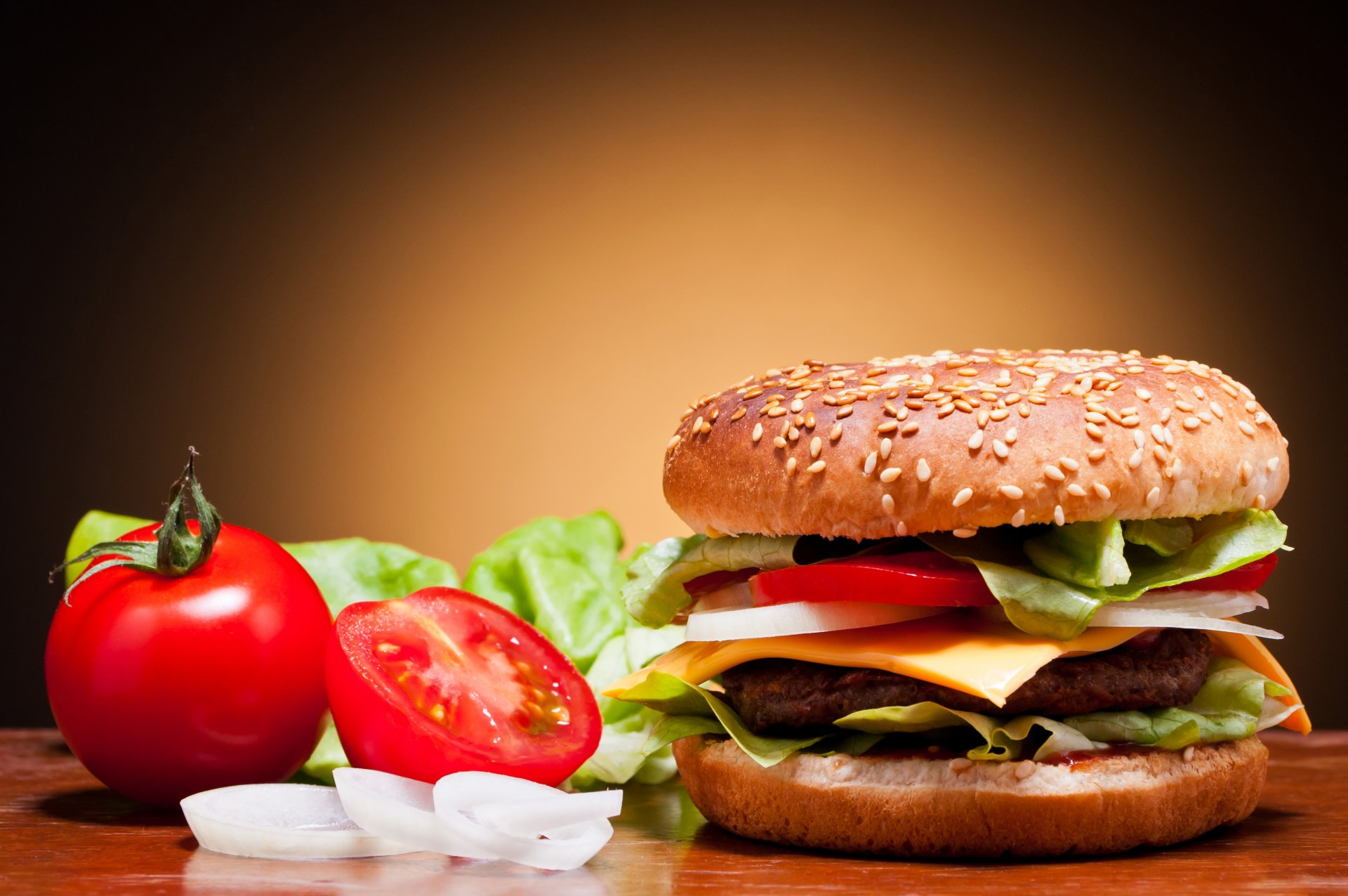 hamburger bun sesame tomatoes onions cucumbers vegetables cutlet cheese fast food fast food