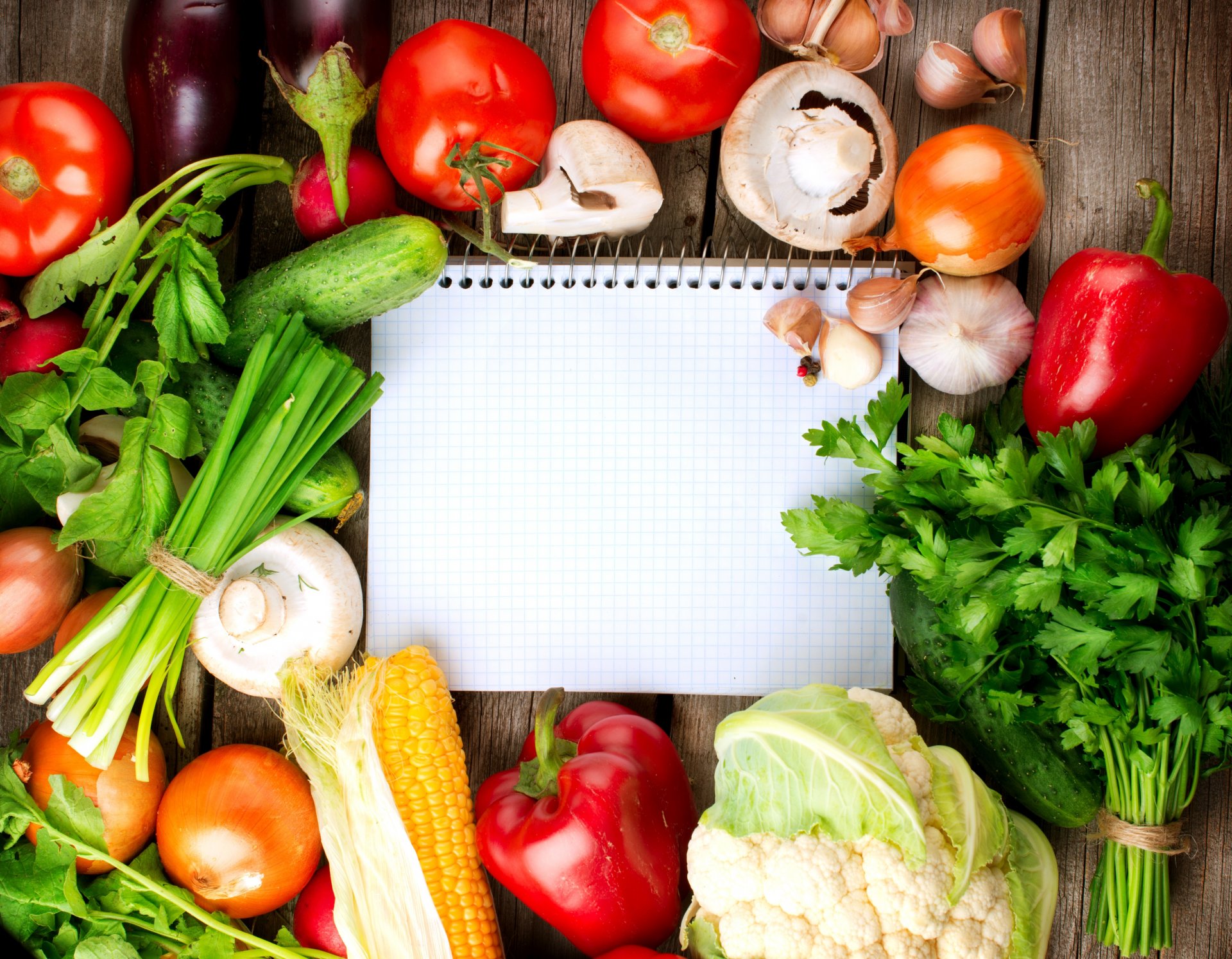 cahier légumes chou-fleur ail tomates concombres champignons légumes verts maïs poivron rouge