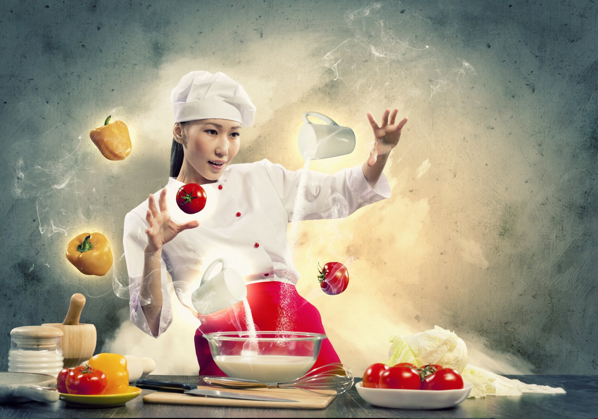 creative girl cook food vegetables pepper tomatoes milk flour