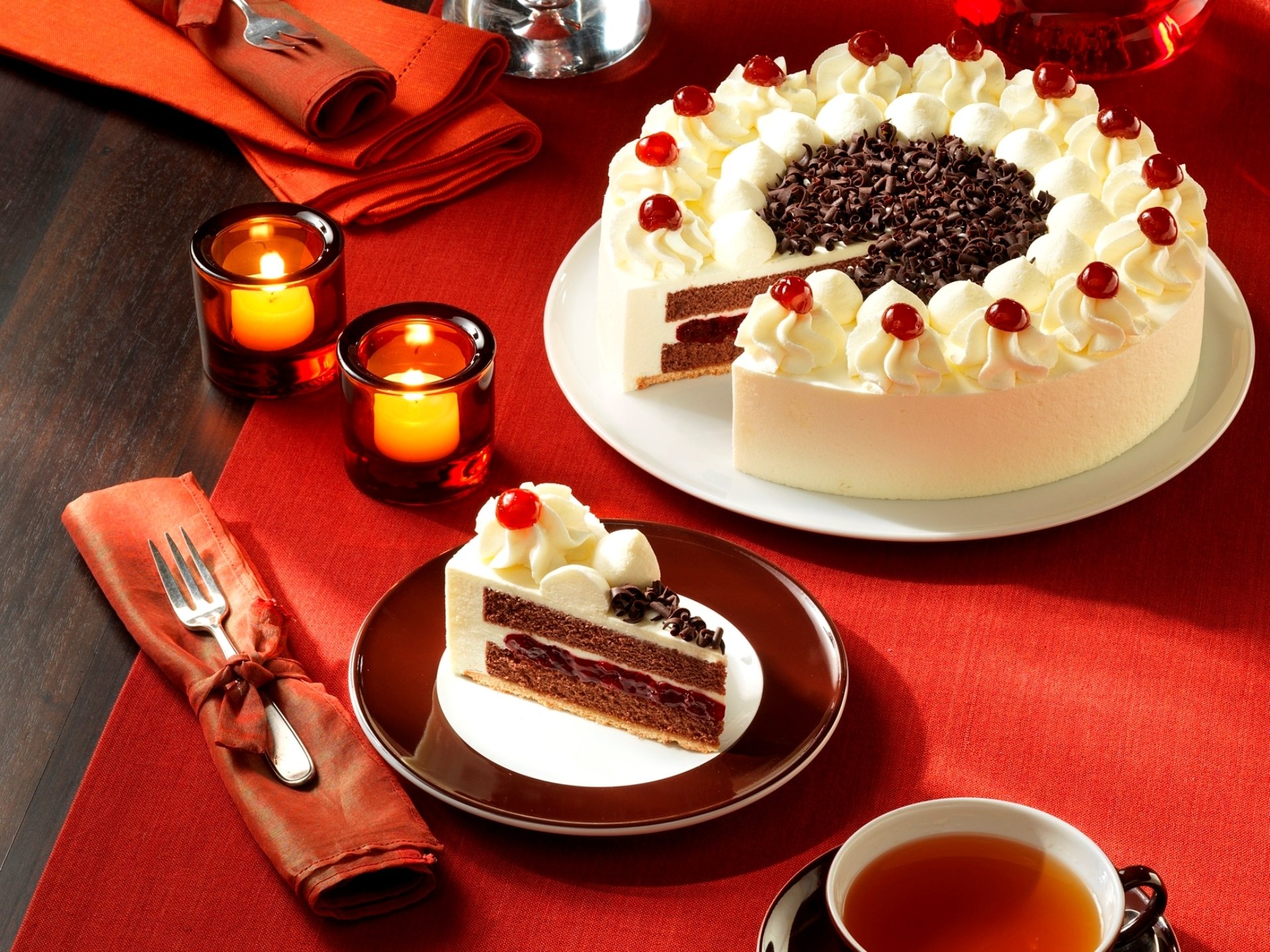 cake cream chocolate chips cherries cake jam plate fork candles tea dessert pastries food