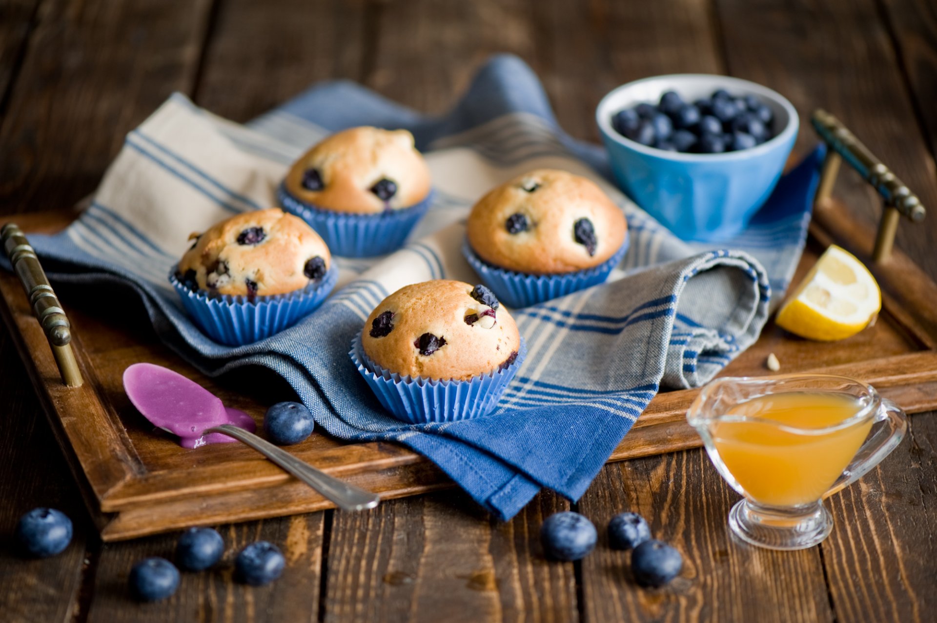 cupcakes baking blueberries berries lemons fruits jam dessert sweets tray spoon anna verdina