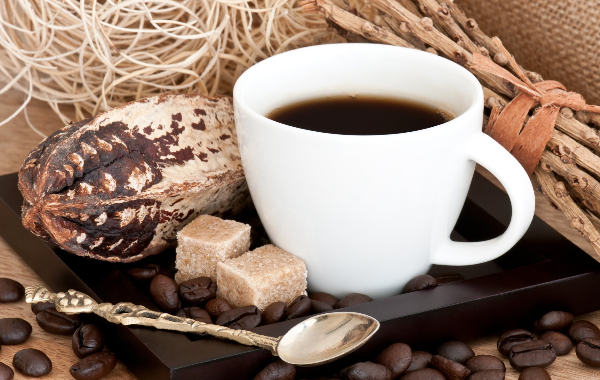 kaffee körner zucker scheiben tasse löffel tablett