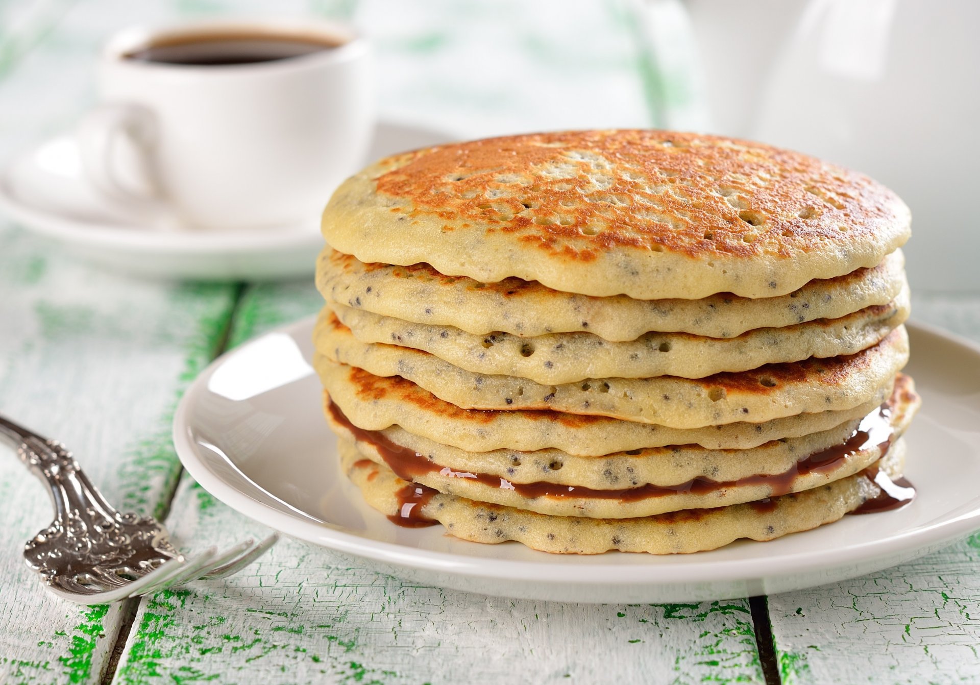 breakfast pancakes syrup poppy dish fork coffee