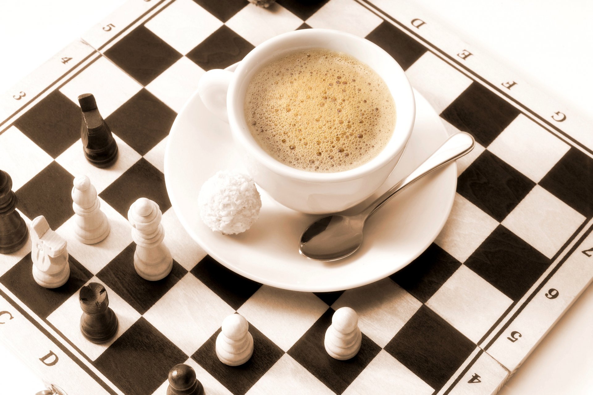 coffee cappuccino candy raffaello saucer spoon chess board figure