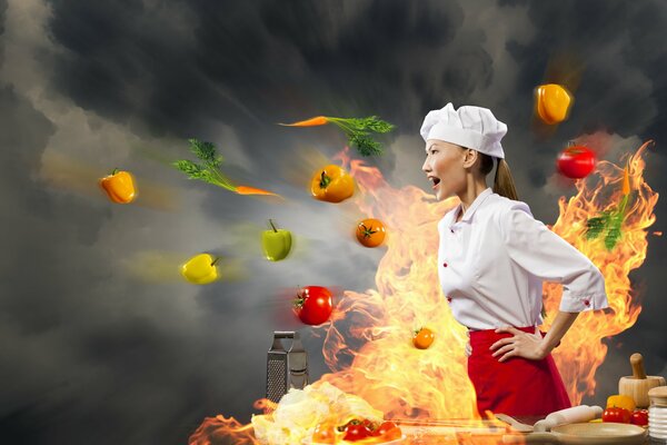 Creative girl cook on the background of fire and flying fruits