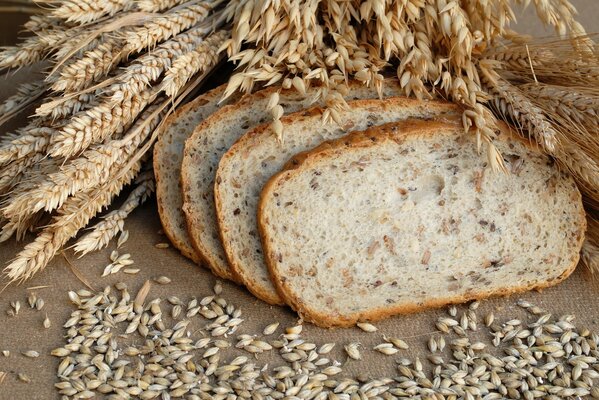 Mehrfarbiges Brot auf dem Hintergrund von Weizenähren