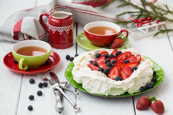 Dessert with cream with berry mix