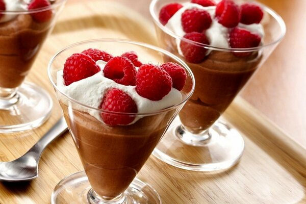 Chocolate cream with fruit and raspberries