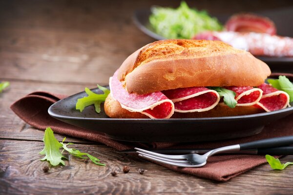 Still life sandwich with ham and salad