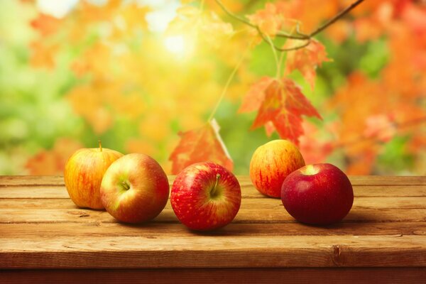 Fruit harvest in autumn. Apples on the table and autumn leaves