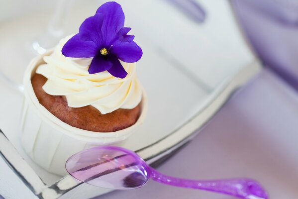 Pastel con una flor púrpura en una bandeja