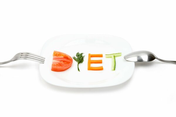 A plate with vegetables laid out in letters diet on a white plate