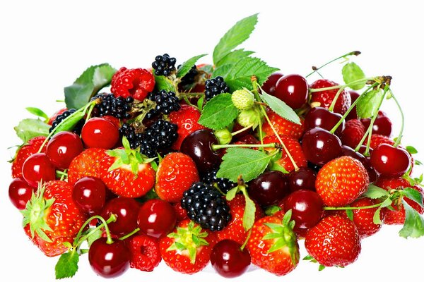 Erdbeeren, Kirschen, Brombeeren und Himbeeren auf weißem Hintergrund