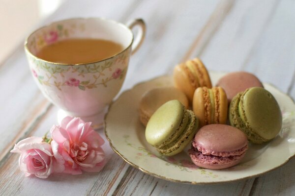 Tea pair with roses and macaroon cookies