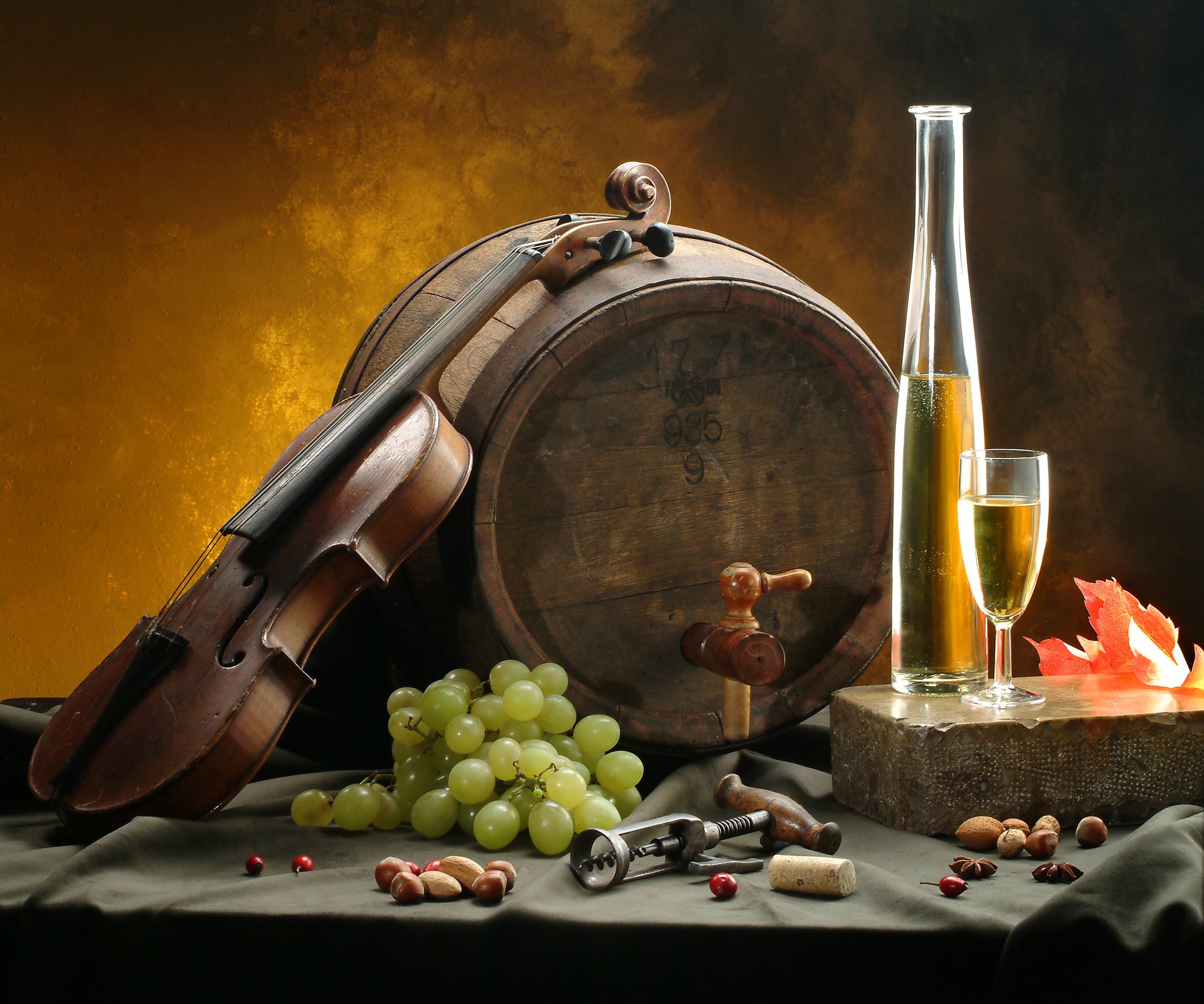 barrels grapes nuts wine white glass corkscrew sheet tablecloth violin