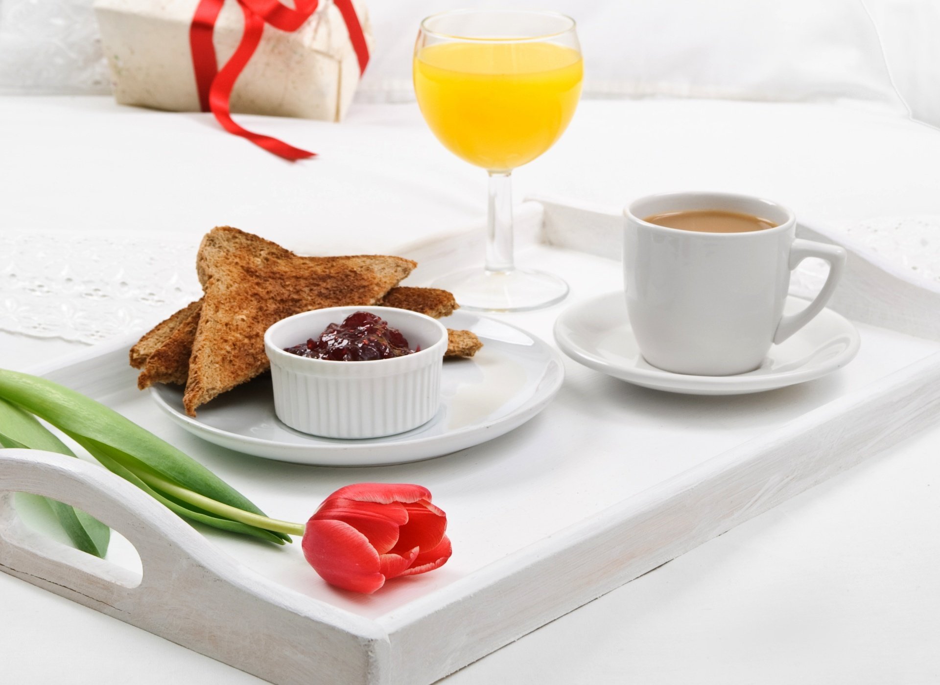 breakfast tray toast jam dish juice orange coffee flower tulip