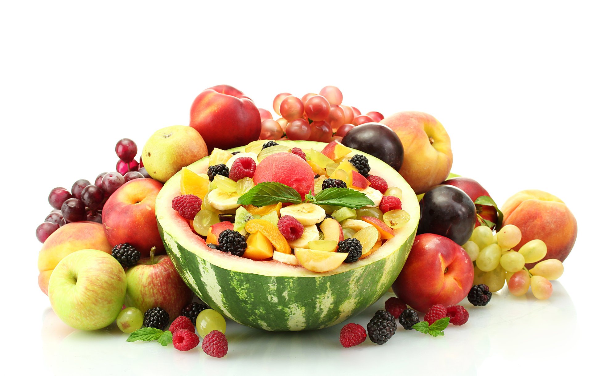 fruits berries watermelon raspberry peaches bananas plum grapes apple