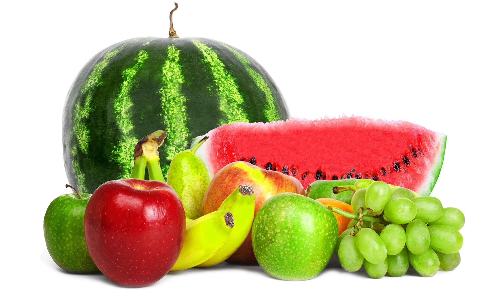 fruits berries watermelon apples bananas grapes pear white background