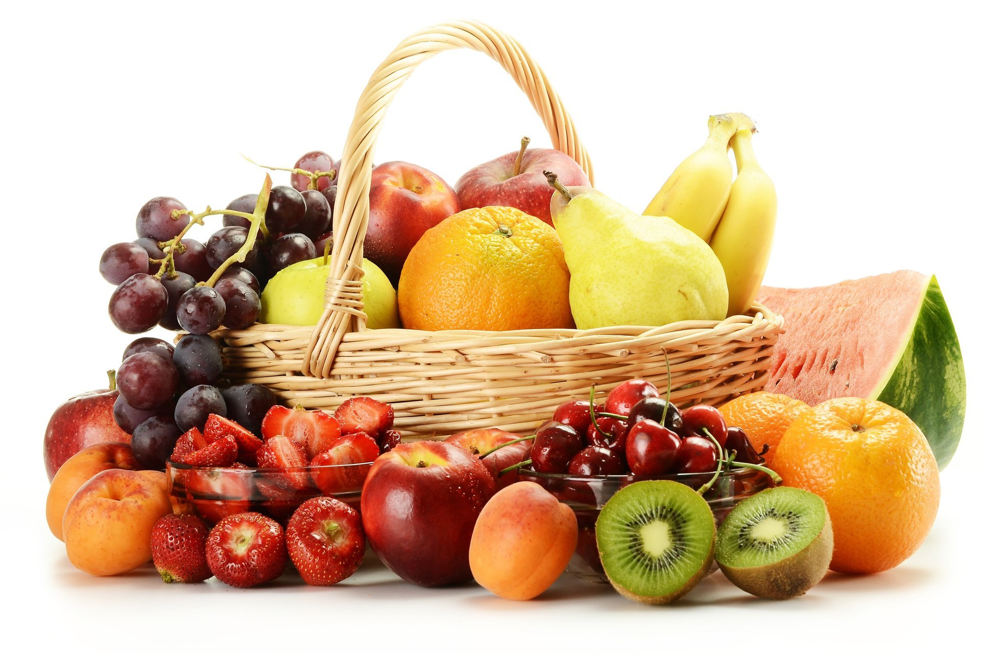 basket fruits berries strawberry cherry grapes apples pear kiwi orange bananas watermelon apricot