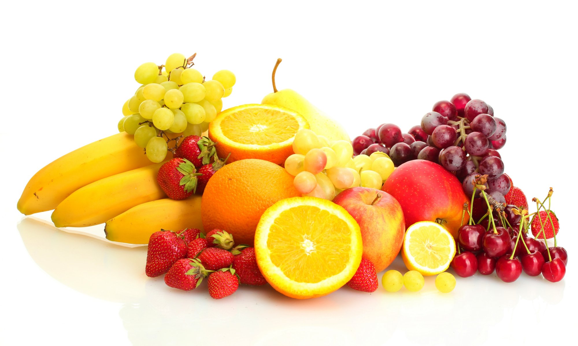 fruits berries strawberry bananas grapes orange oranges apples cherry pear lemon white background