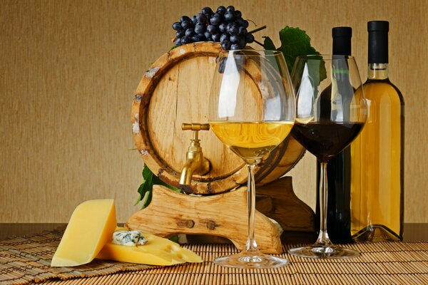 A barrel of wine with a cheese snack